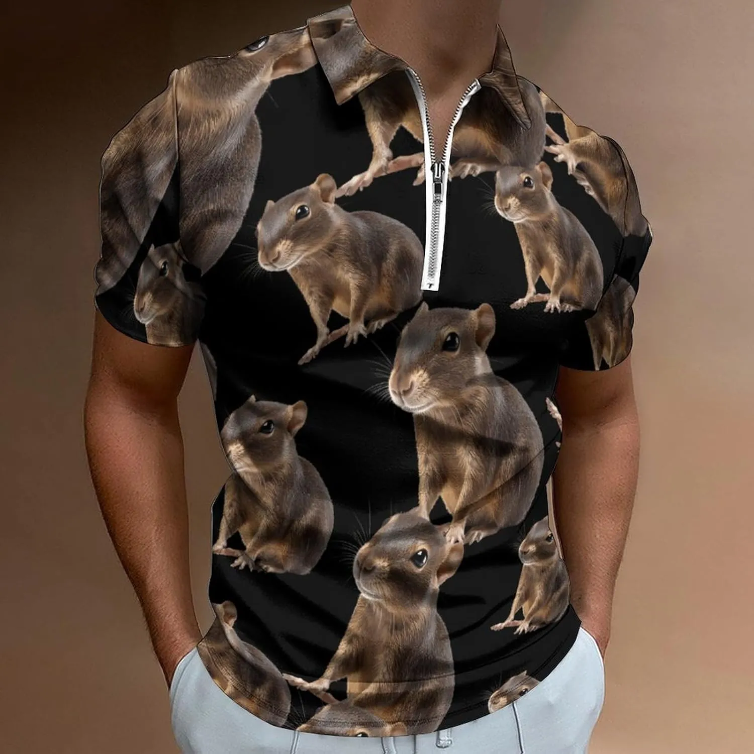 Agouti Animal Trendy Polo Shirts for Men Short Sleeve Lapel Collar Zipper T-Shirts Outdoor Sports