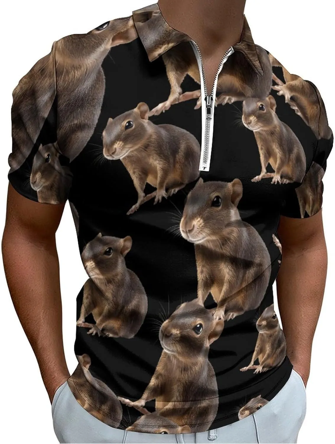 Agouti Animal Trendy Polo Shirts for Men Short Sleeve Lapel Collar Zipper T-Shirts Outdoor Sports