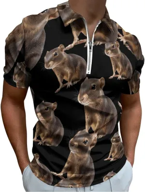 Agouti Animal Trendy Polo Shirts for Men Short Sleeve Lapel Collar Zipper T-Shirts Outdoor Sports