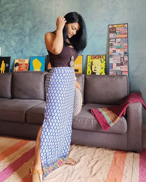 Blue Printed Cotton Viscose Maxi Skirt