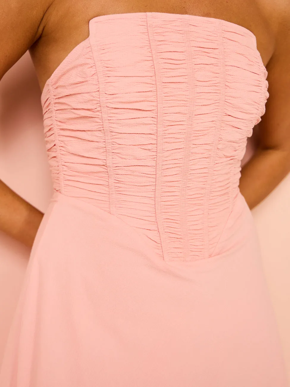 By Johnny Alessia Gather Strapless Midi Dress in Pink