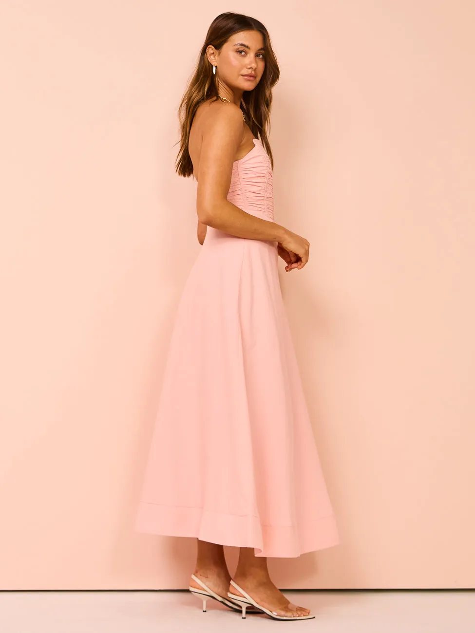 By Johnny Alessia Gather Strapless Midi Dress in Pink