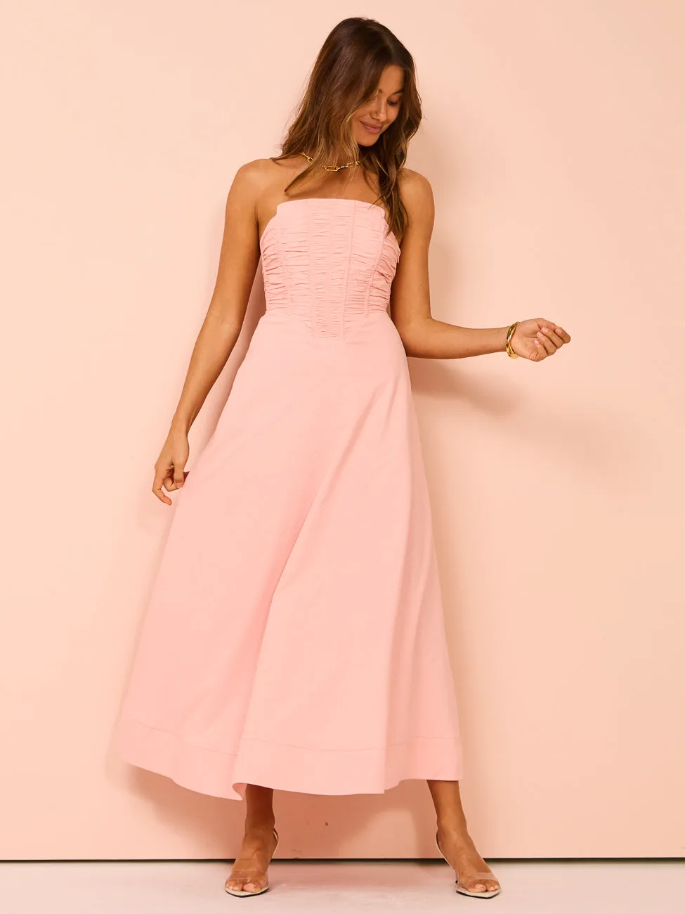 By Johnny Alessia Gather Strapless Midi Dress in Pink