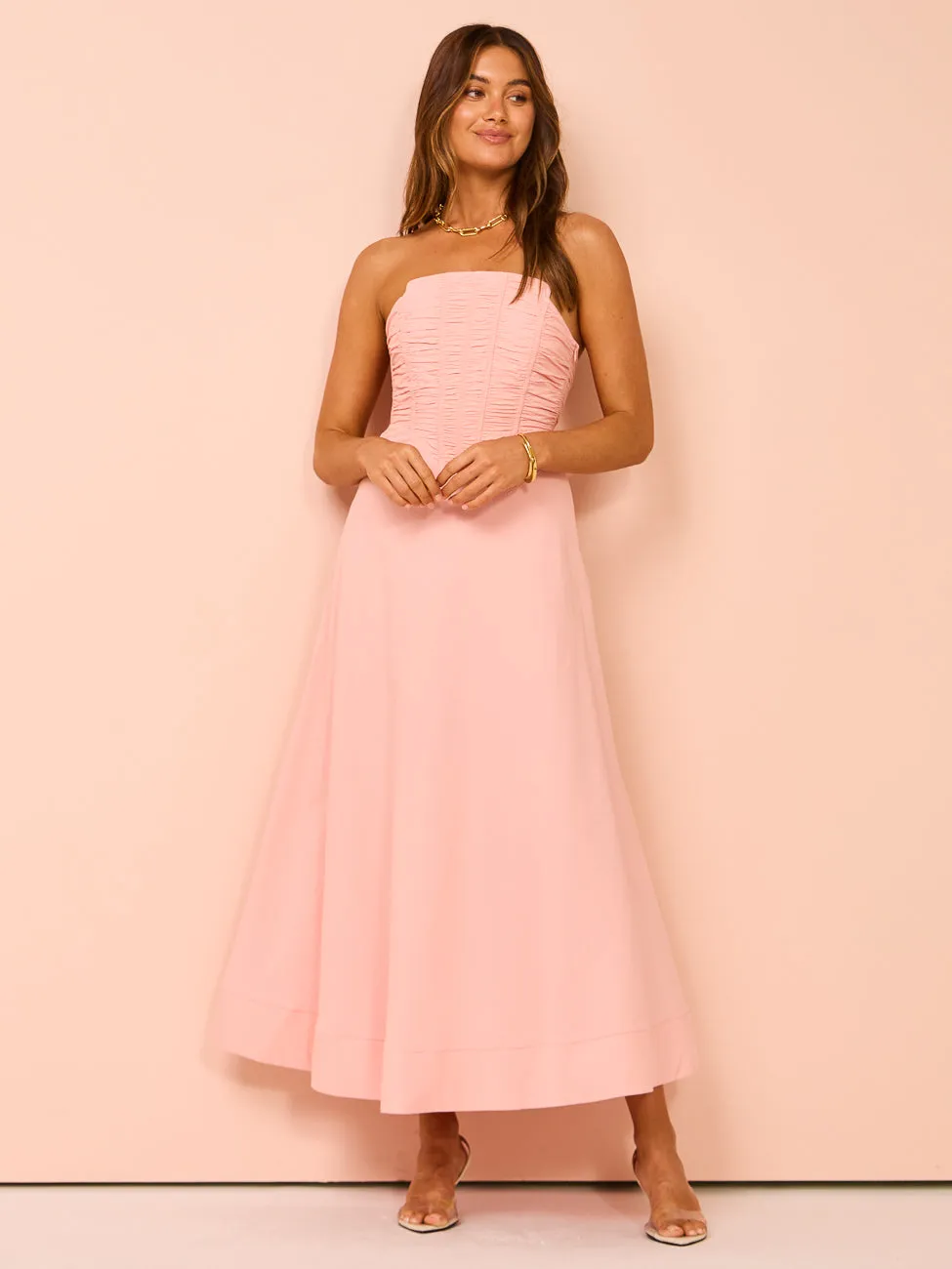 By Johnny Alessia Gather Strapless Midi Dress in Pink