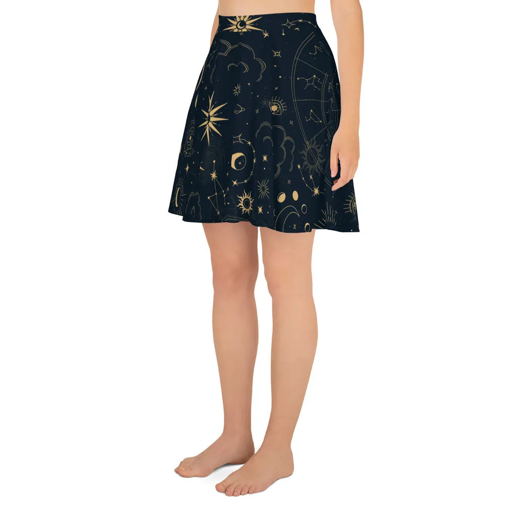 Constellation Skater Skirt, Moon Stars Galaxy Eye Boho Print Mini Short Circle Cute Handmade Party Sexy Women Skirt