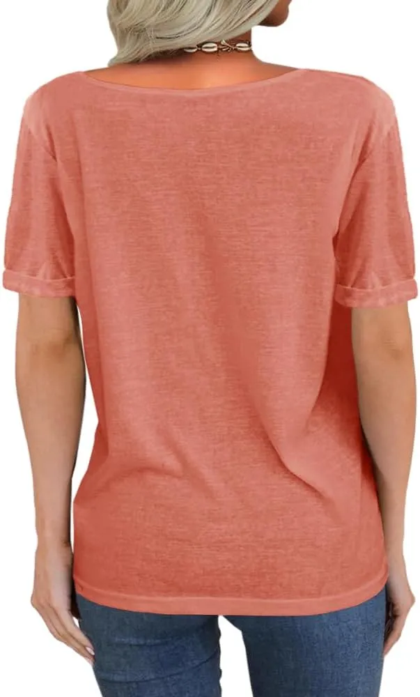 Danedvi Women Fashion Deep V-Neck Short Sleeve Tops Solid Casual Loose Basic T Shirt