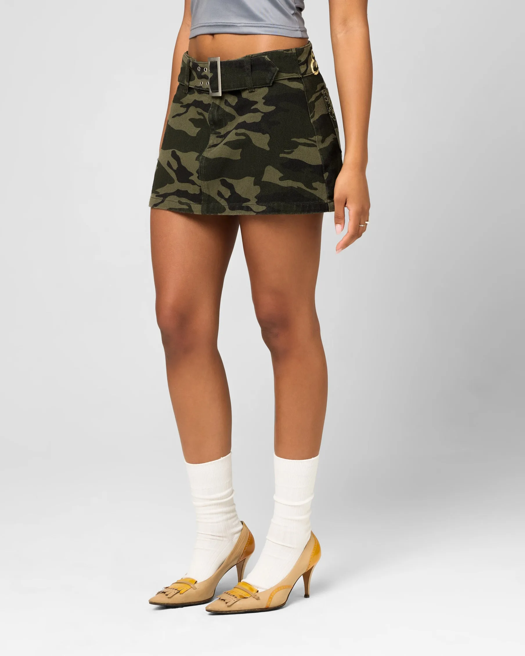 Ed Hardy Women's Denim Mini Skirt Woodland Camo