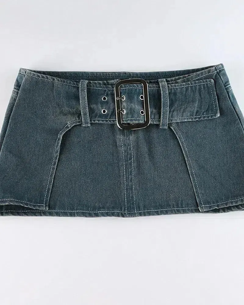 Elettra – Front belt detail – Denim mini skirt