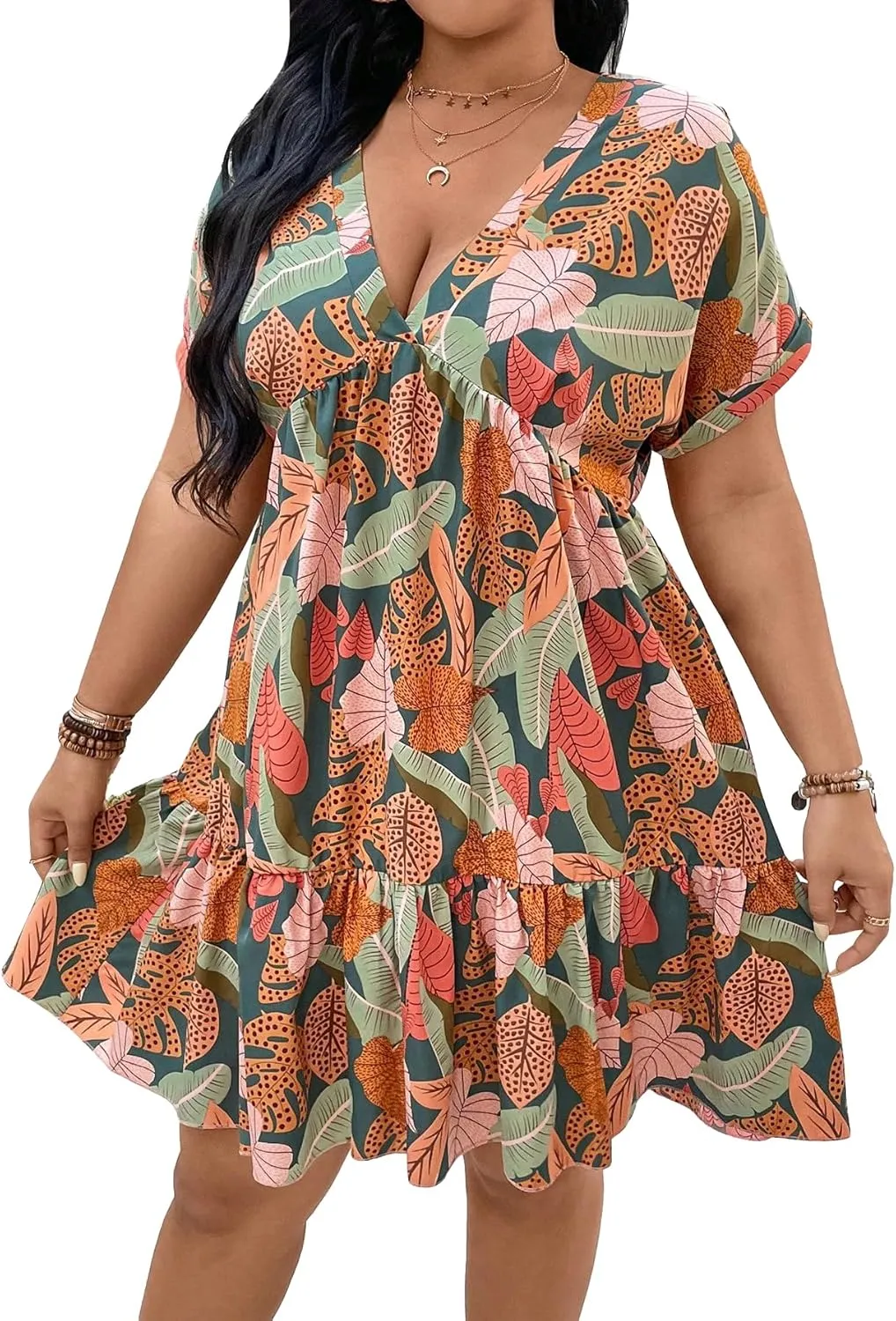 Floerns Women's Plus Size Wrap V Neck Short Sleeve Ruffle Hem A Line Short Dress