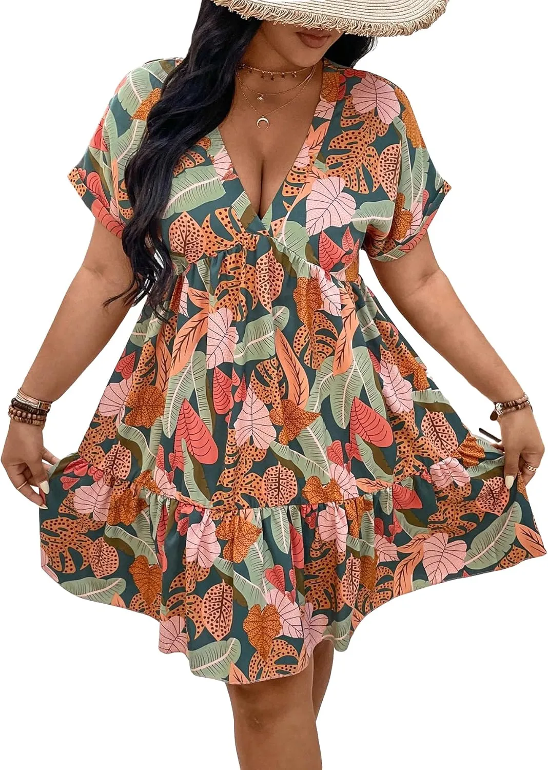 Floerns Women's Plus Size Wrap V Neck Short Sleeve Ruffle Hem A Line Short Dress