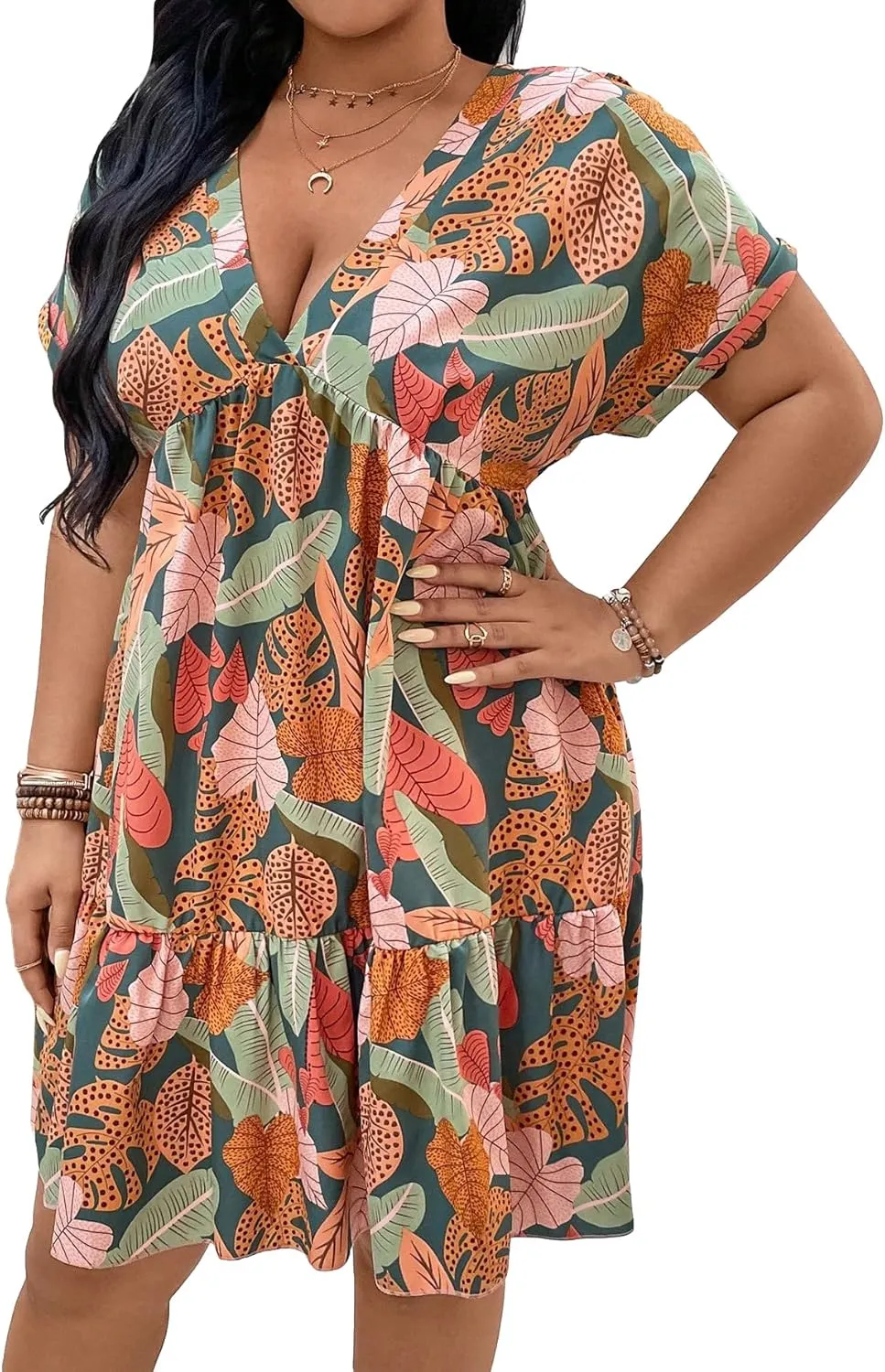 Floerns Women's Plus Size Wrap V Neck Short Sleeve Ruffle Hem A Line Short Dress