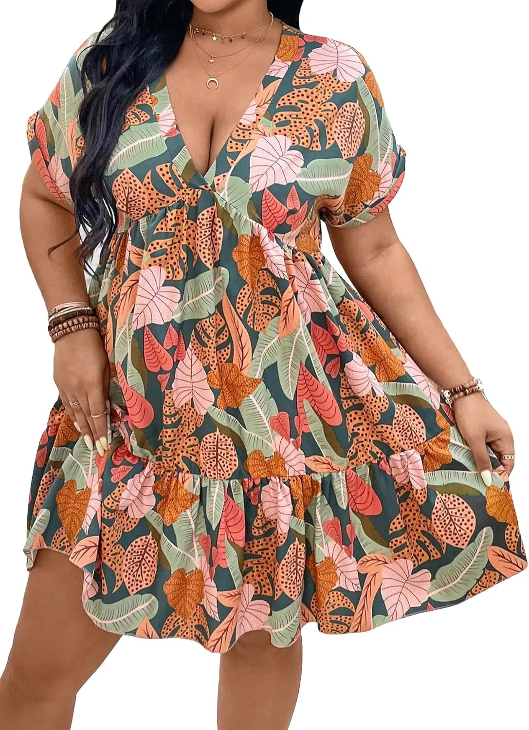 Floerns Women's Plus Size Wrap V Neck Short Sleeve Ruffle Hem A Line Short Dress