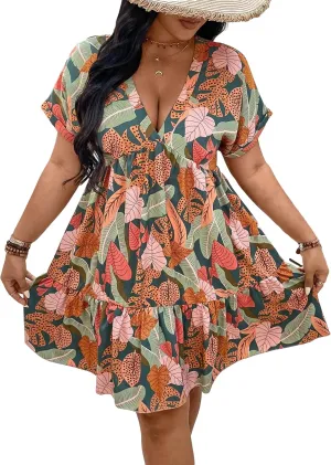 Floerns Women's Plus Size Wrap V Neck Short Sleeve Ruffle Hem A Line Short Dress