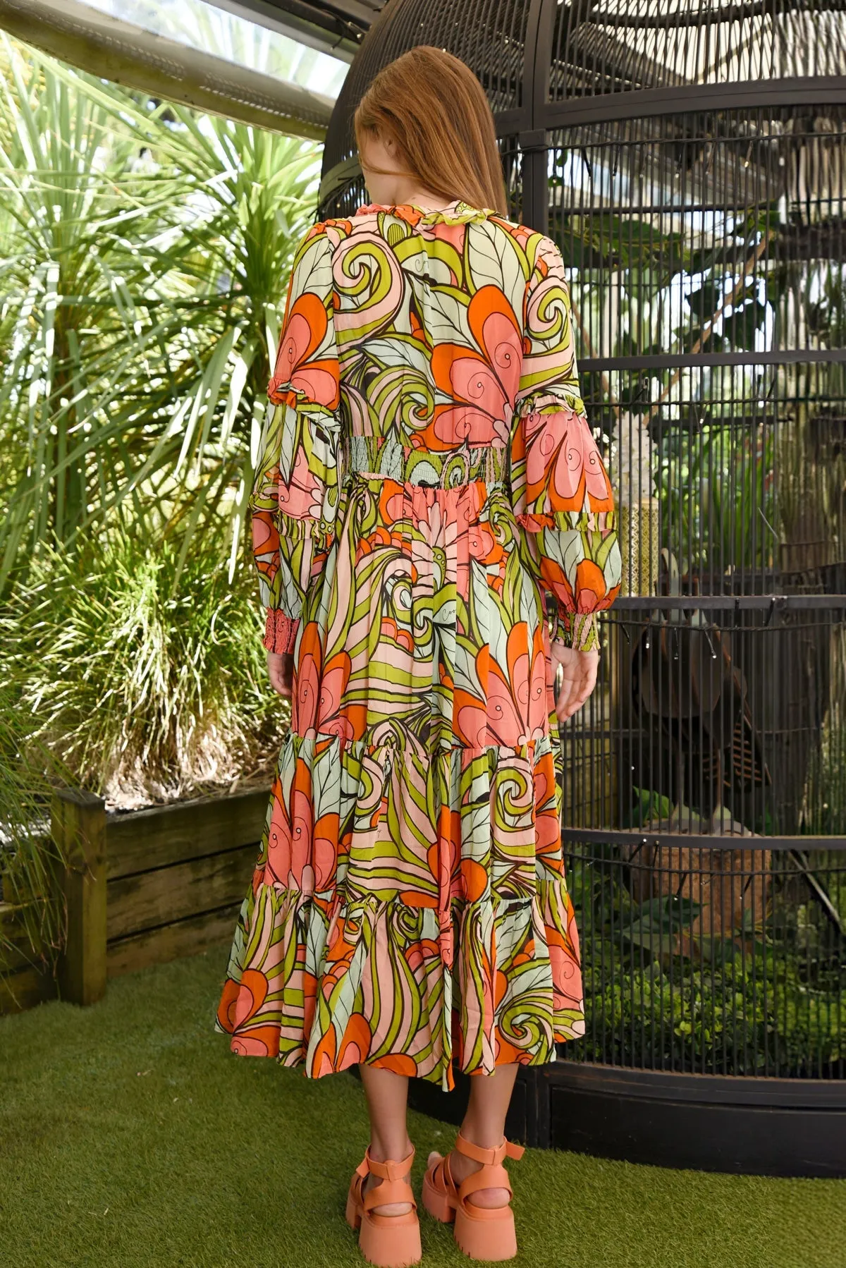 Flowers That Vee Peach Swirl LS Maxi Dress