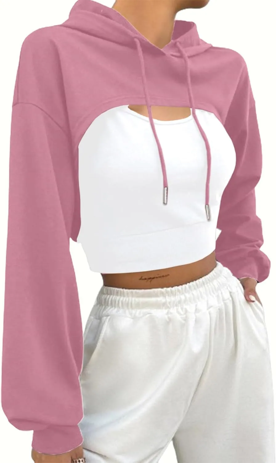 Hilinker Women's Long Sleeve Cropped Hoodie Workout Drawstring Super Crop Tops without Camisole
