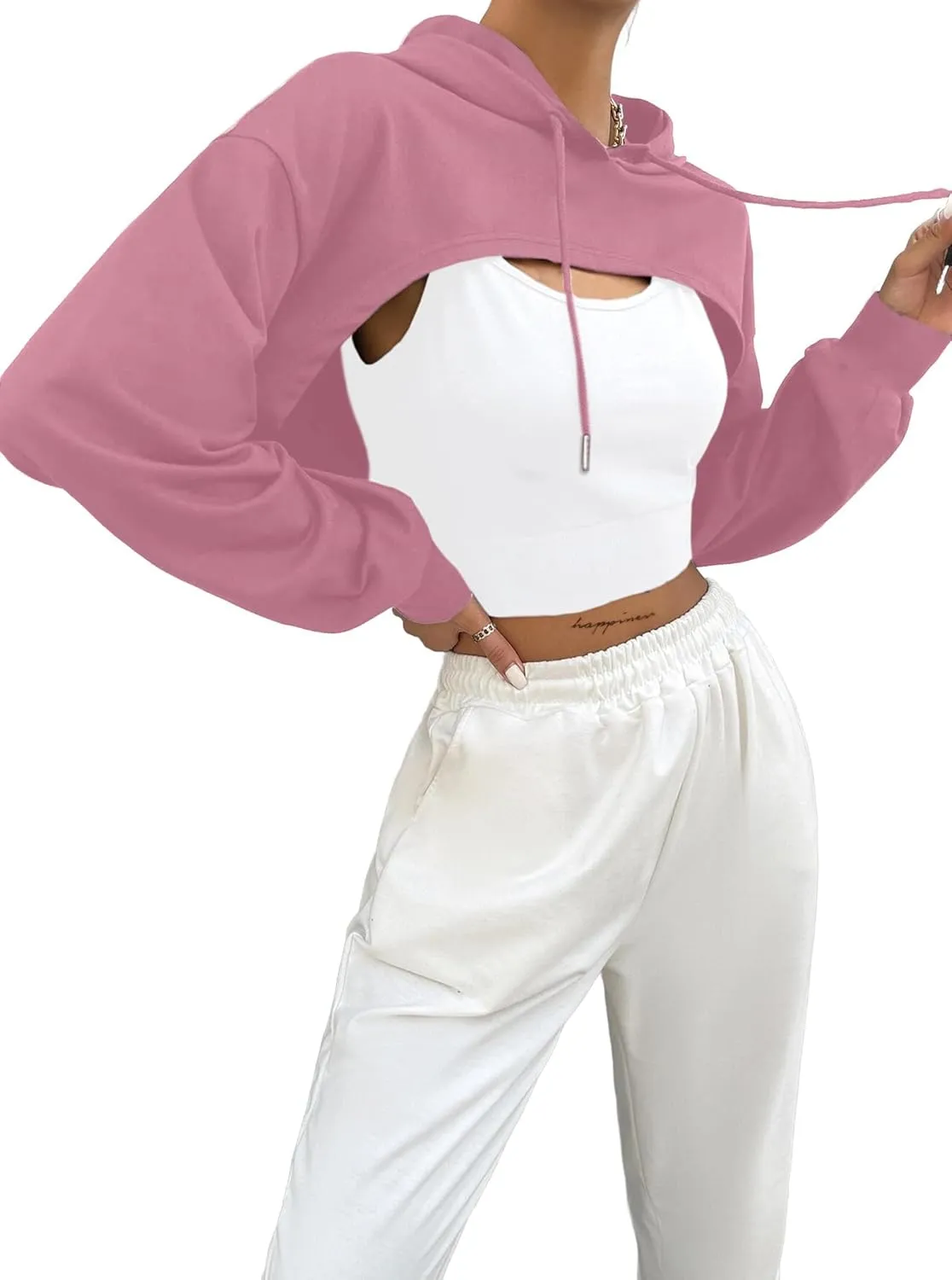 Hilinker Women's Long Sleeve Cropped Hoodie Workout Drawstring Super Crop Tops without Camisole
