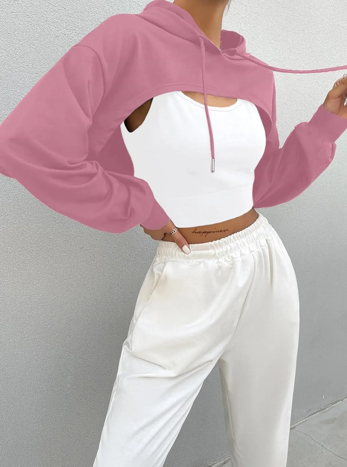 Hilinker Women's Long Sleeve Cropped Hoodie Workout Drawstring Super Crop Tops without Camisole