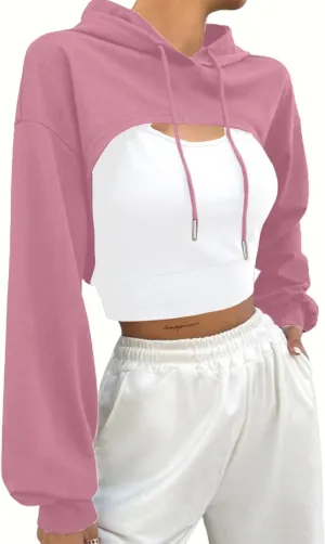 Hilinker Women's Long Sleeve Cropped Hoodie Workout Drawstring Super Crop Tops without Camisole