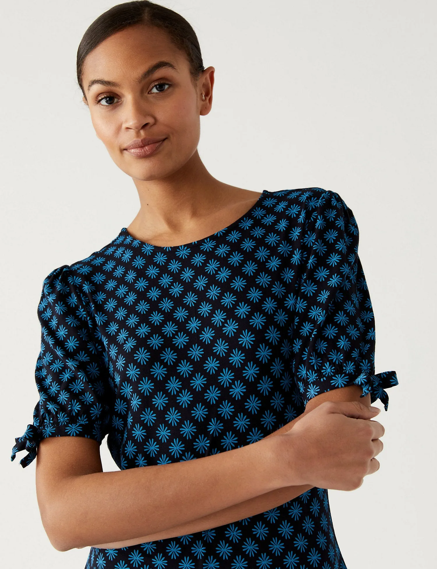 Jersey Printed Round Neck Mini Skater Dress