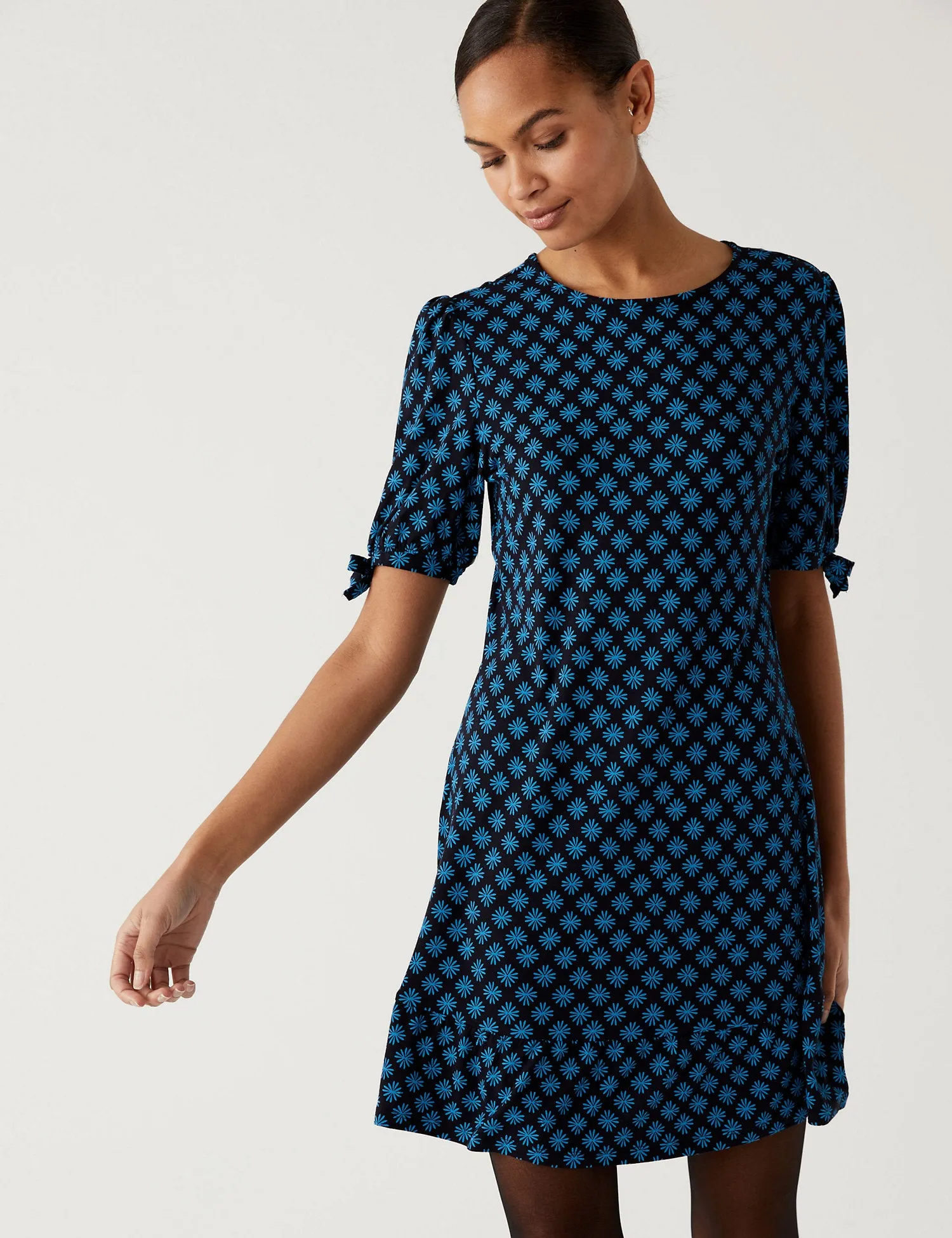 Jersey Printed Round Neck Mini Skater Dress