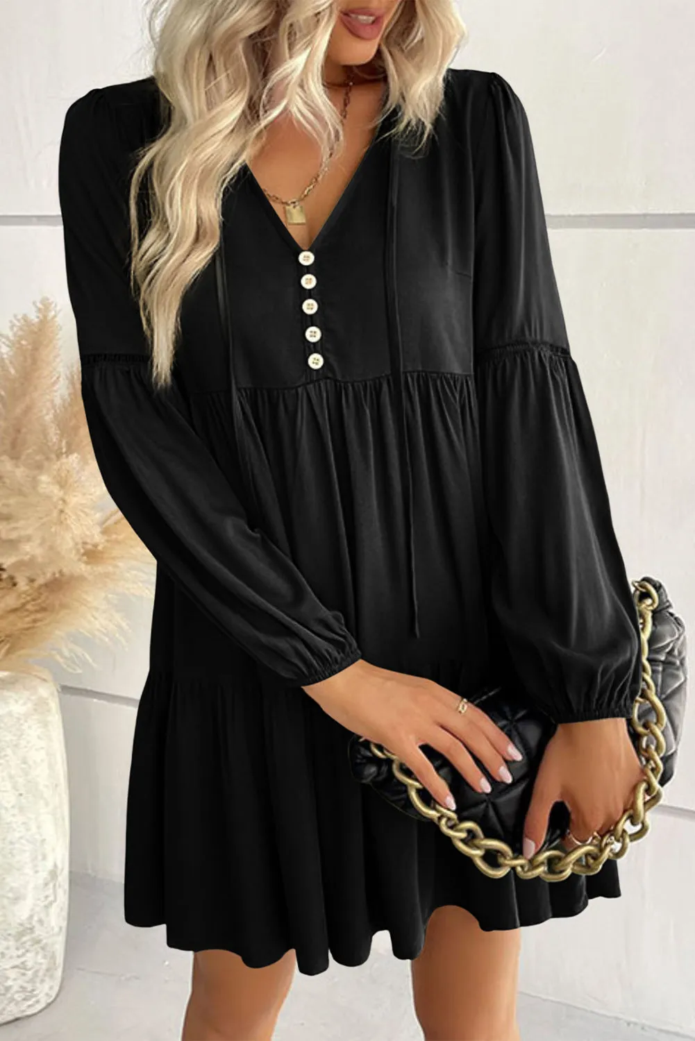 Long Sleeve V-neck Pleated Mini Dress