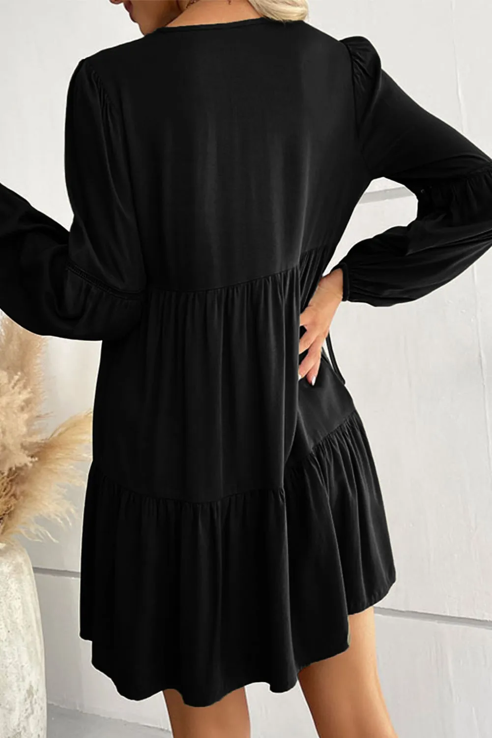 Long Sleeve V-neck Pleated Mini Dress