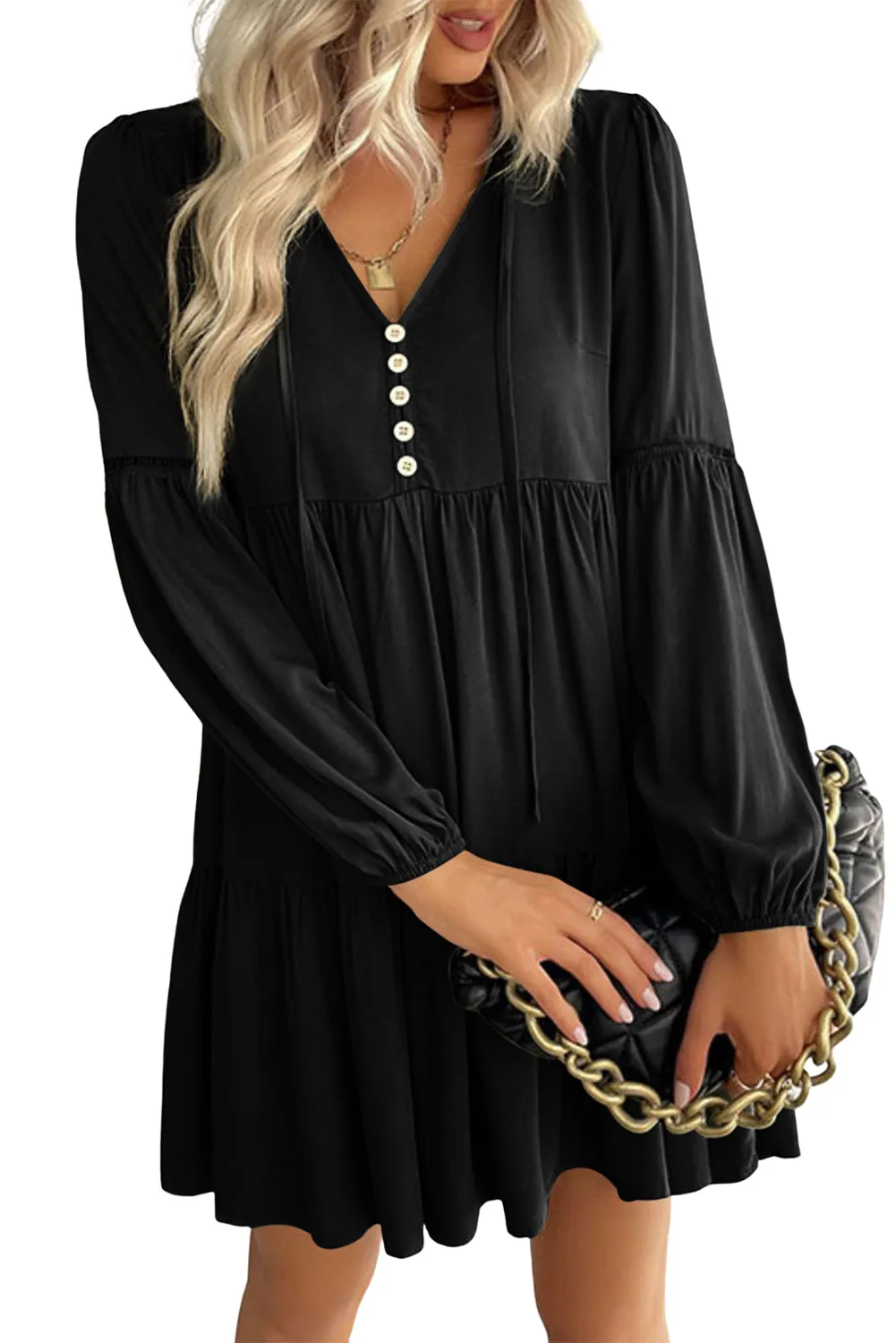 Long Sleeve V-neck Pleated Mini Dress