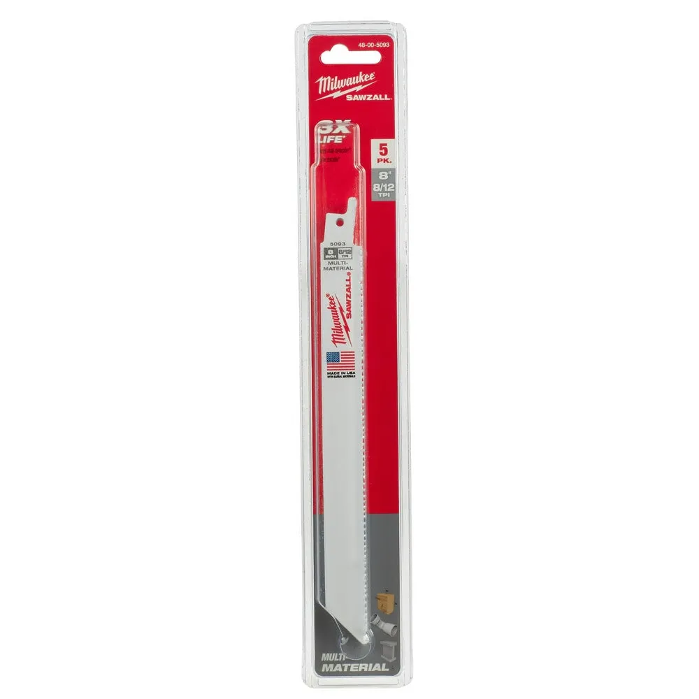 Milwaukee 48-00-5093 8" x 8/12TPI Bi-Metal Super Sawzall Blade 5-Pack