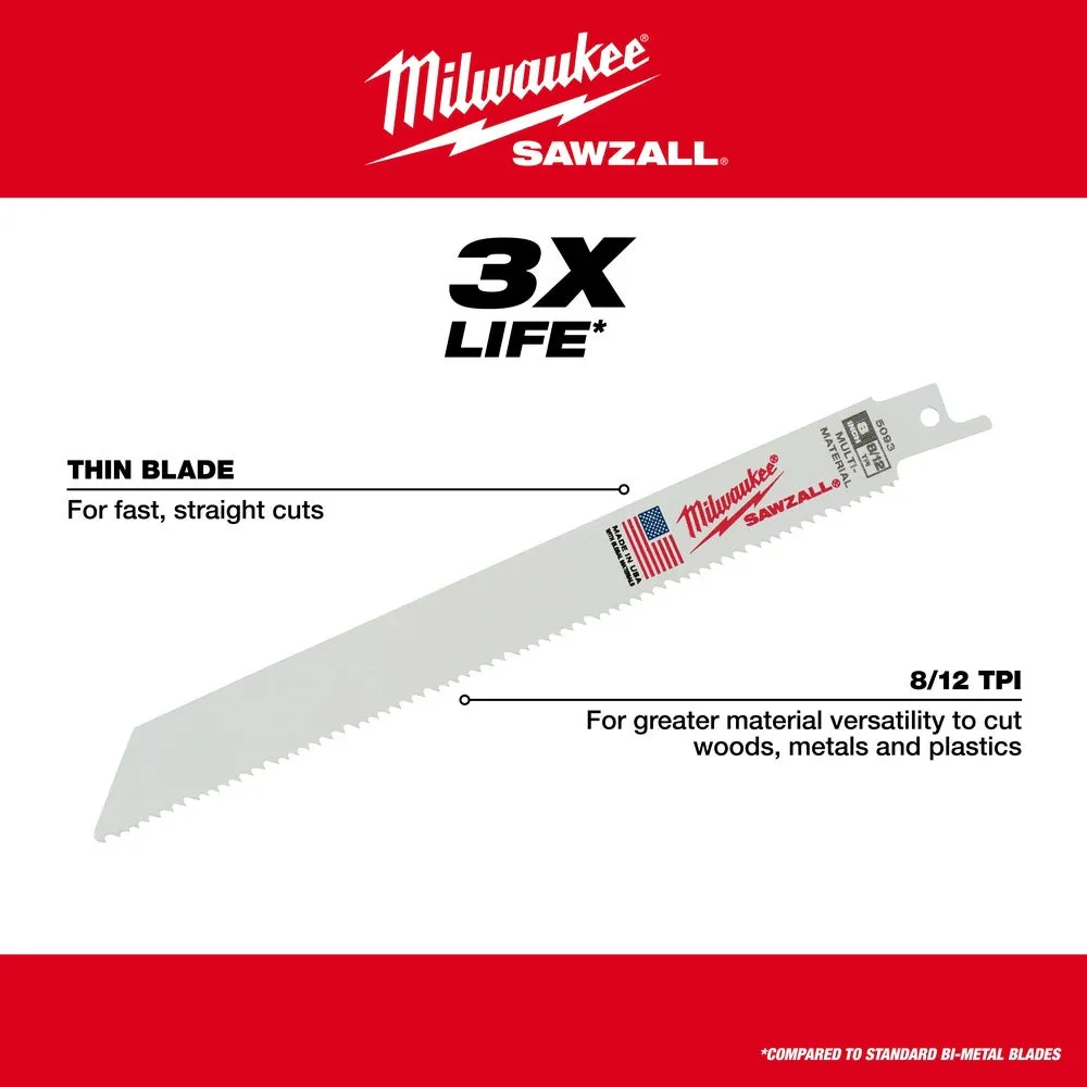 Milwaukee 48-00-5093 8" x 8/12TPI Bi-Metal Super Sawzall Blade 5-Pack