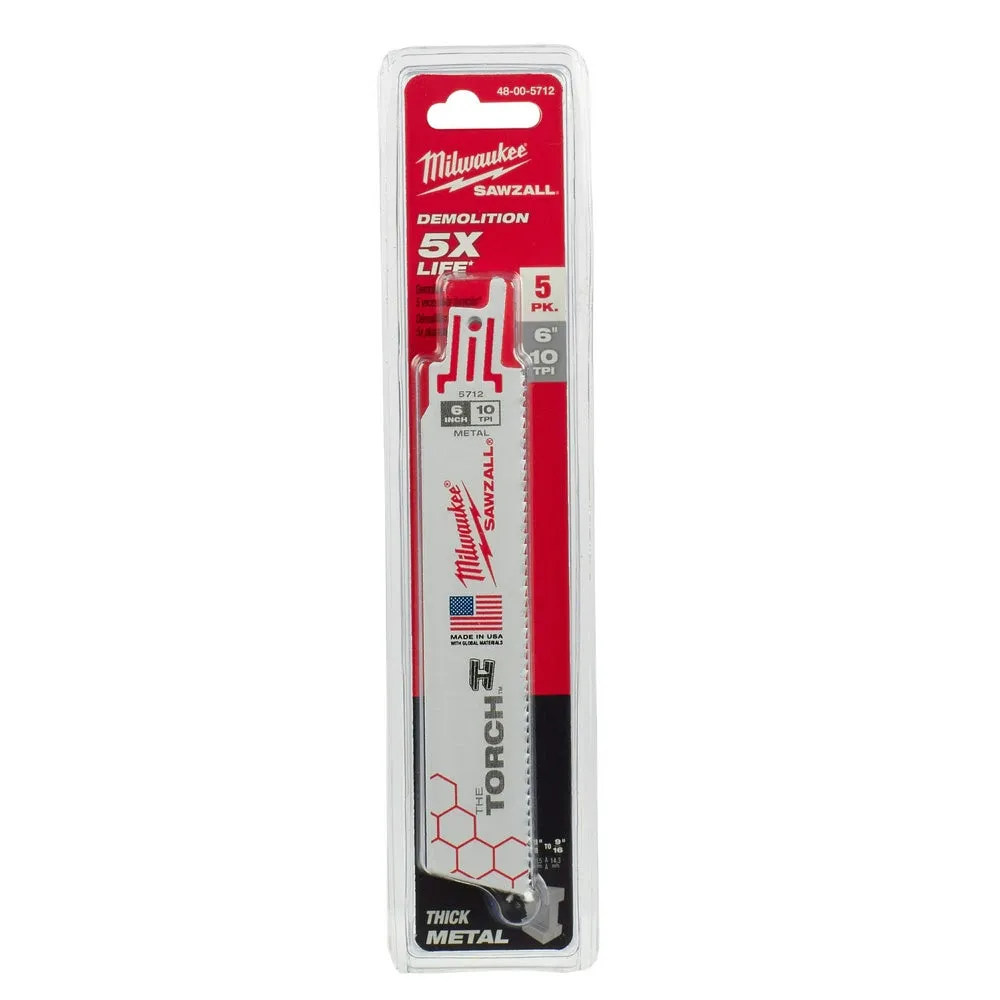Milwaukee 48-00-5712 6" x 10TPI Super Sawzall Demolition Blade 5-Pack
