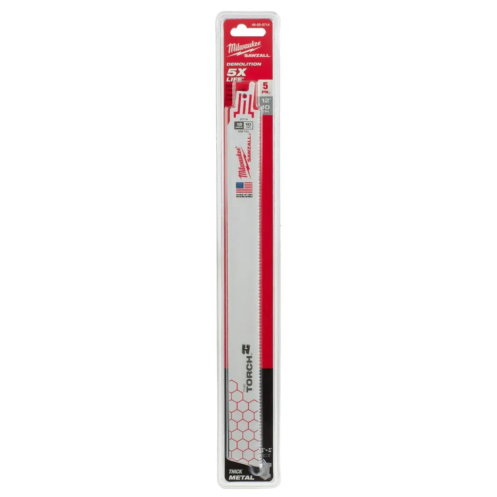 Milwaukee 48-00-5714 Super Sawzall Blade 10 Teeth per Inch 12-Inch Length, Torch , 5 Pack