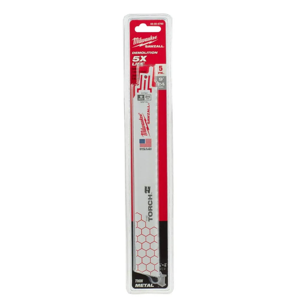 Milwaukee 48-00-5790 Super Sawzall Blade 24 Teeth per Inch 9-Inch Length, Torch, 5 Pack