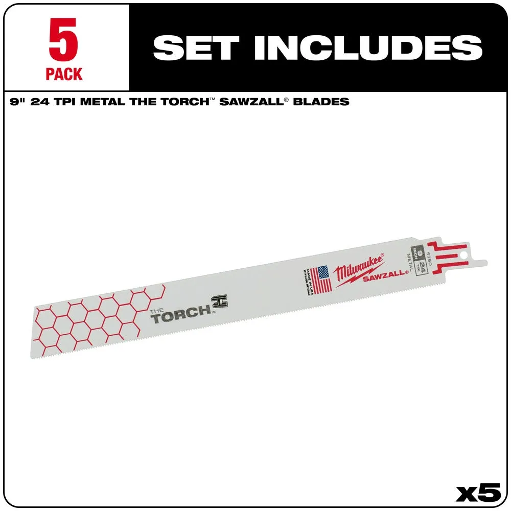 Milwaukee 48-00-5790 Super Sawzall Blade 24 Teeth per Inch 9-Inch Length, Torch, 5 Pack