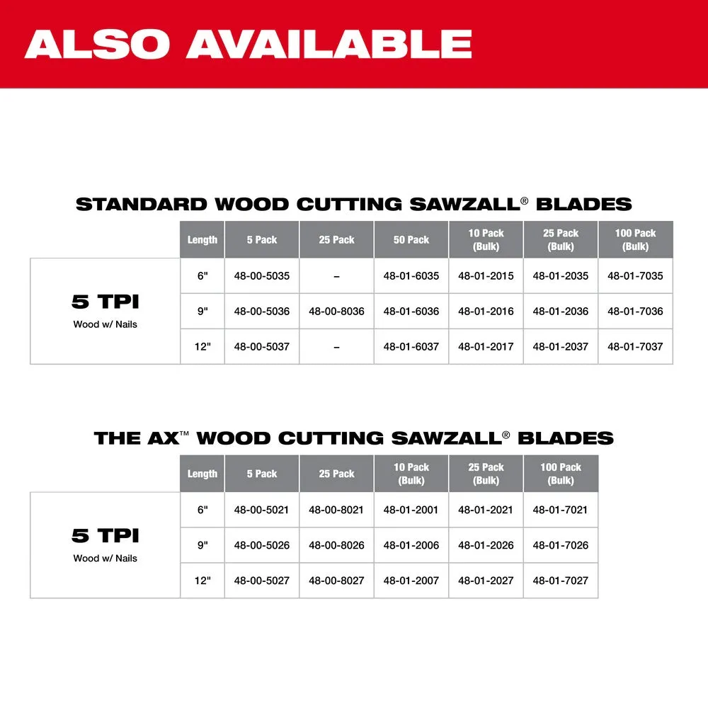 Milwaukee 48-00-8026 9" x 5/8TPI Super Sawzall AX Blade 25-Pack