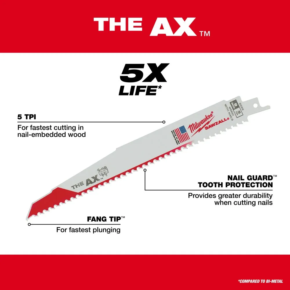Milwaukee 48-00-8026 9" x 5/8TPI Super Sawzall AX Blade 25-Pack