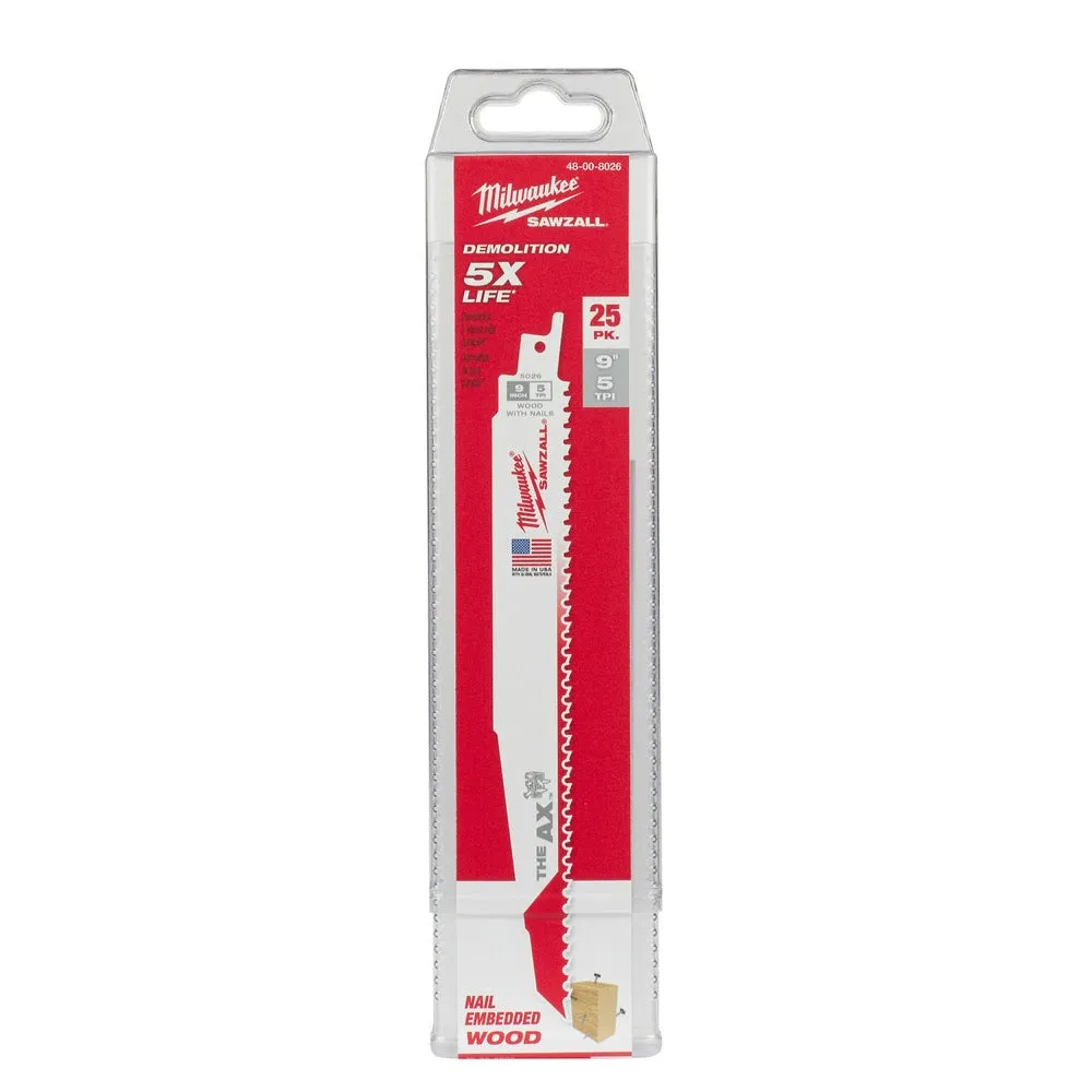 Milwaukee 48-00-8026 9" x 5/8TPI Super Sawzall AX Blade 25-Pack