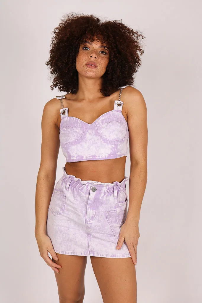 Outta Limits Denim Mini Skirt In Lilac Acid Wash