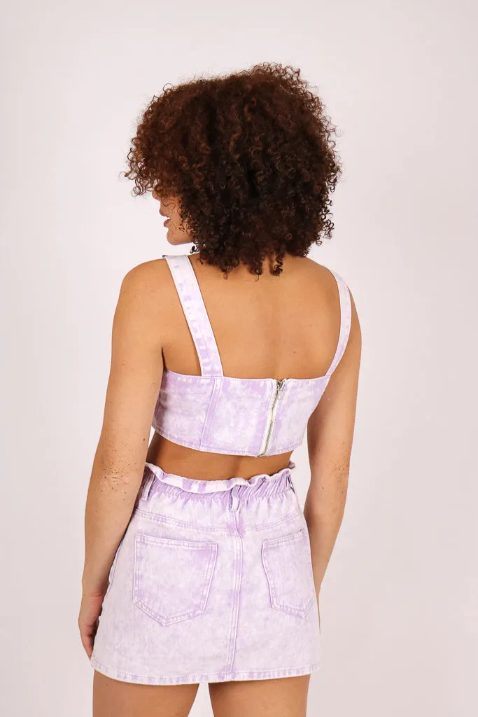 Outta Limits Denim Mini Skirt In Lilac Acid Wash