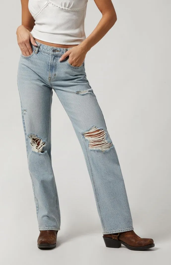 PacSun Women's Jordyn Ripped Knee Low Rise Straight Leg Jeans Light Indigo