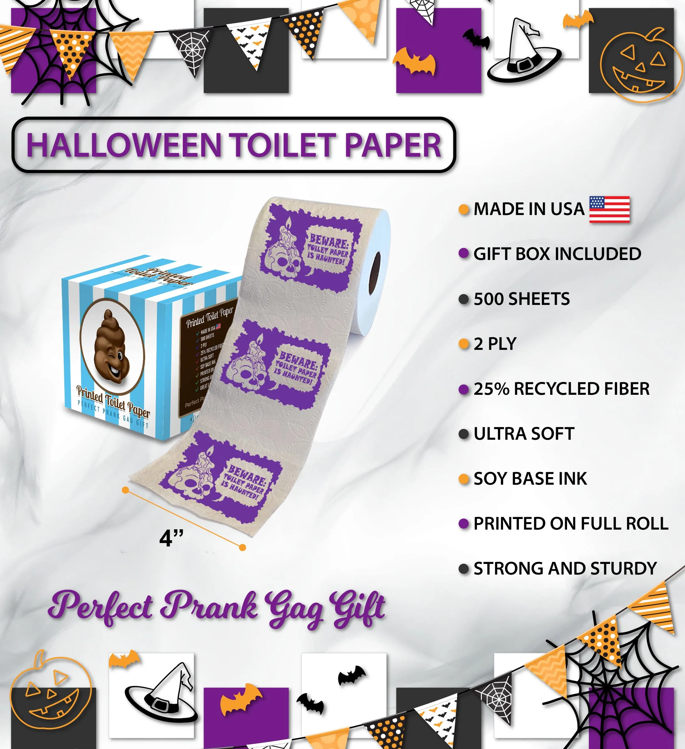 Printed TP Halloween Beware: Toilet Paper is Haunted Funny Gag Gift – 500 Sheet