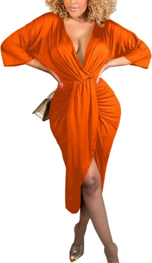 Rooscier Women's Deep V Neck Wrap Slit Hem Ruched Bodycon Sexy Party Midi Dress