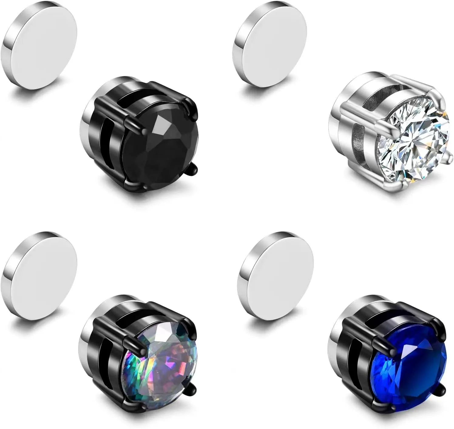 SIISPRI 4 Pairs Stainless Steel Clip on Earrings - Non Piercing, Unisex CZ Magnetic Earrings for Men 6MM
