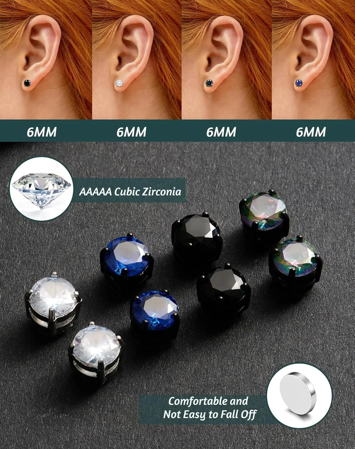 SIISPRI 4 Pairs Stainless Steel Clip on Earrings - Non Piercing, Unisex CZ Magnetic Earrings for Men 6MM