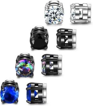 SIISPRI 4 Pairs Stainless Steel Clip on Earrings - Non Piercing, Unisex CZ Magnetic Earrings for Men 6MM