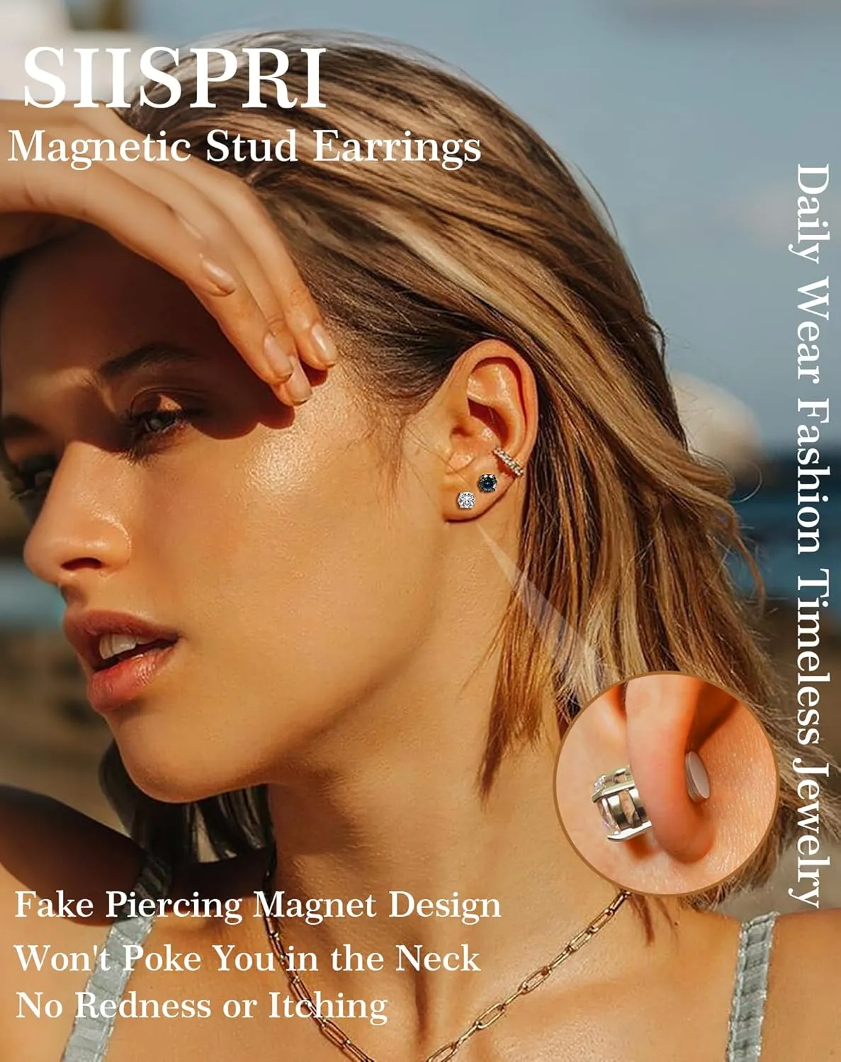 SIISPRI 4 Pairs Stainless Steel Clip on Earrings - Non Piercing, Unisex CZ Magnetic Earrings for Men 6MM