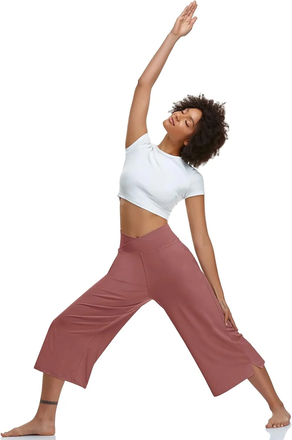 TARSE Womens Casual Wide Leg Yoga Capris Crossover High Waist Capri Pants Loose Soft Pajama Pockets Sweatpants