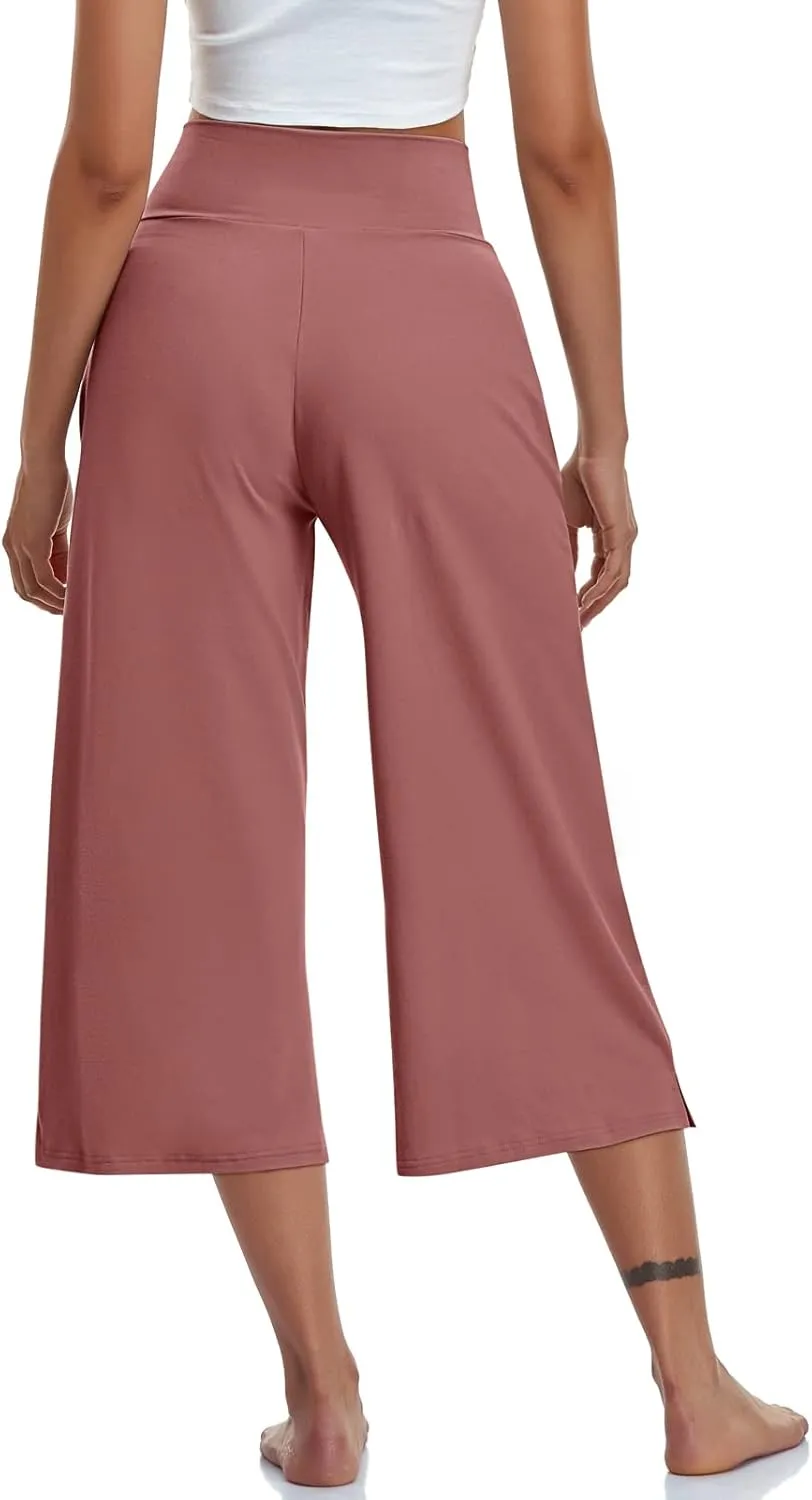 TARSE Womens Casual Wide Leg Yoga Capris Crossover High Waist Capri Pants Loose Soft Pajama Pockets Sweatpants