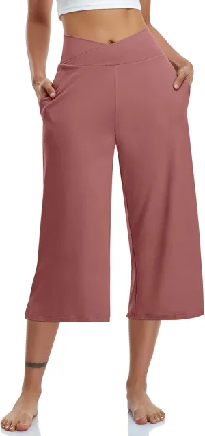 TARSE Womens Casual Wide Leg Yoga Capris Crossover High Waist Capri Pants Loose Soft Pajama Pockets Sweatpants