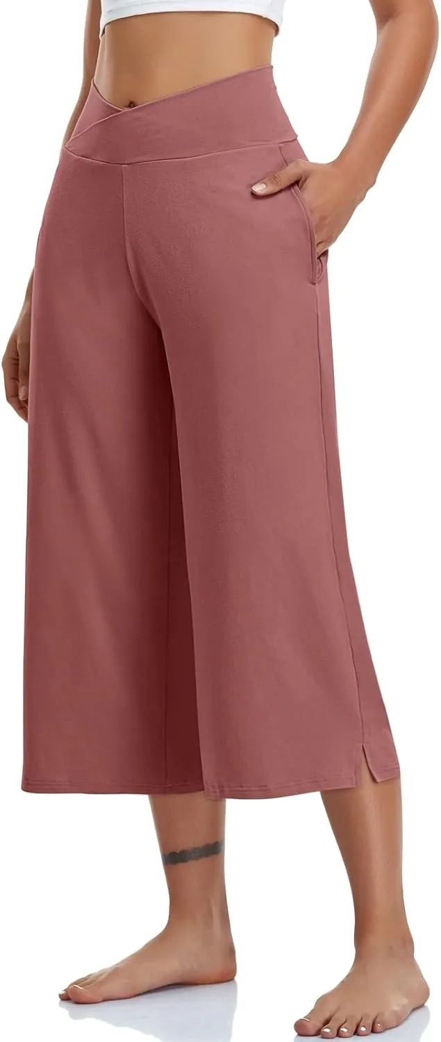 TARSE Womens Casual Wide Leg Yoga Capris Crossover High Waist Capri Pants Loose Soft Pajama Pockets Sweatpants