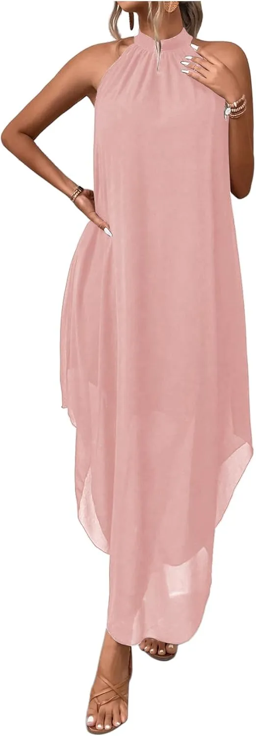 Verdusa Women's Flowy Halter Neck Sleeveless Asymmetrical Hem Maxi Long Dress